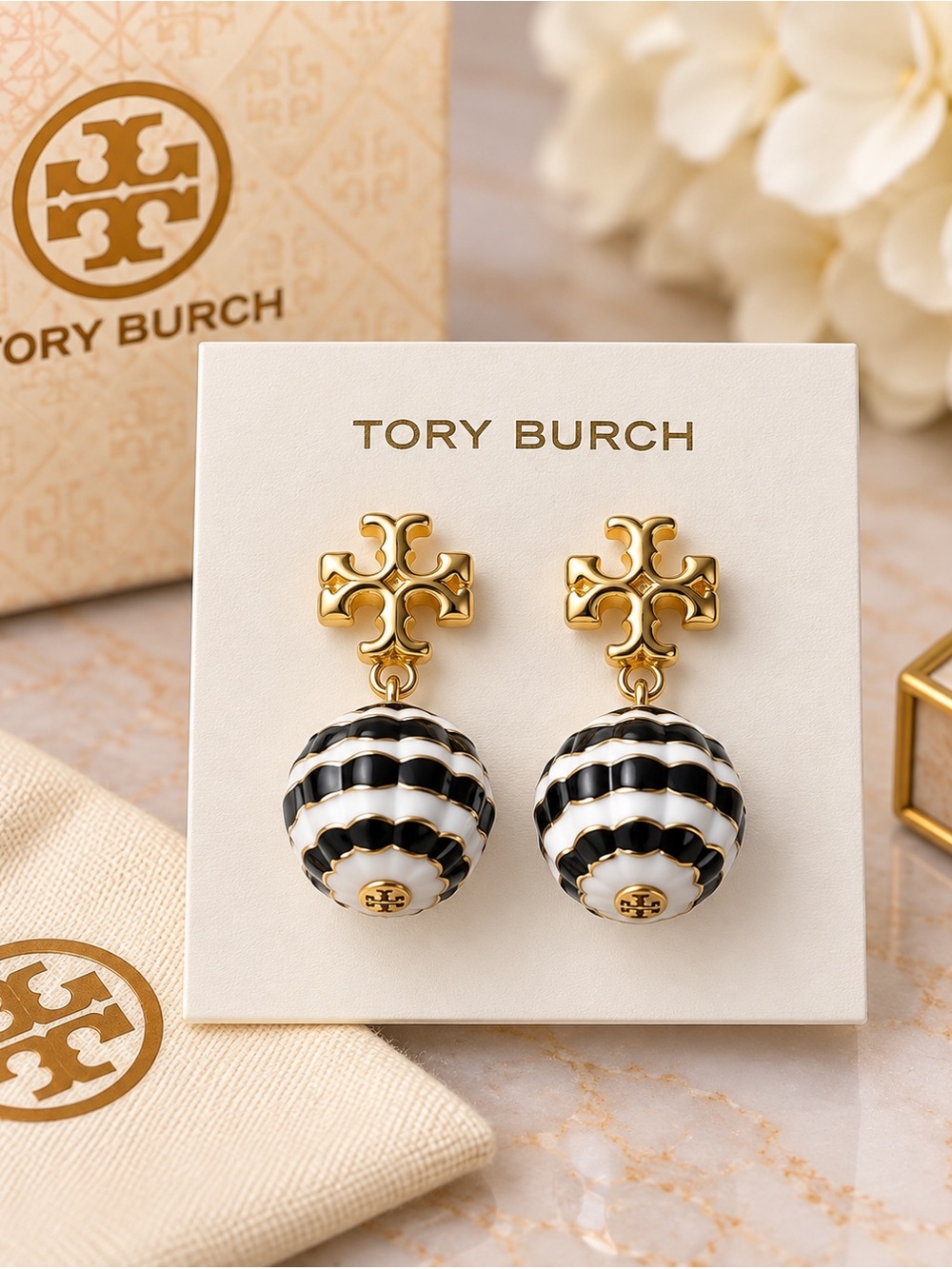 Tory Burch Gold, Black & White Striped Drop Earrings